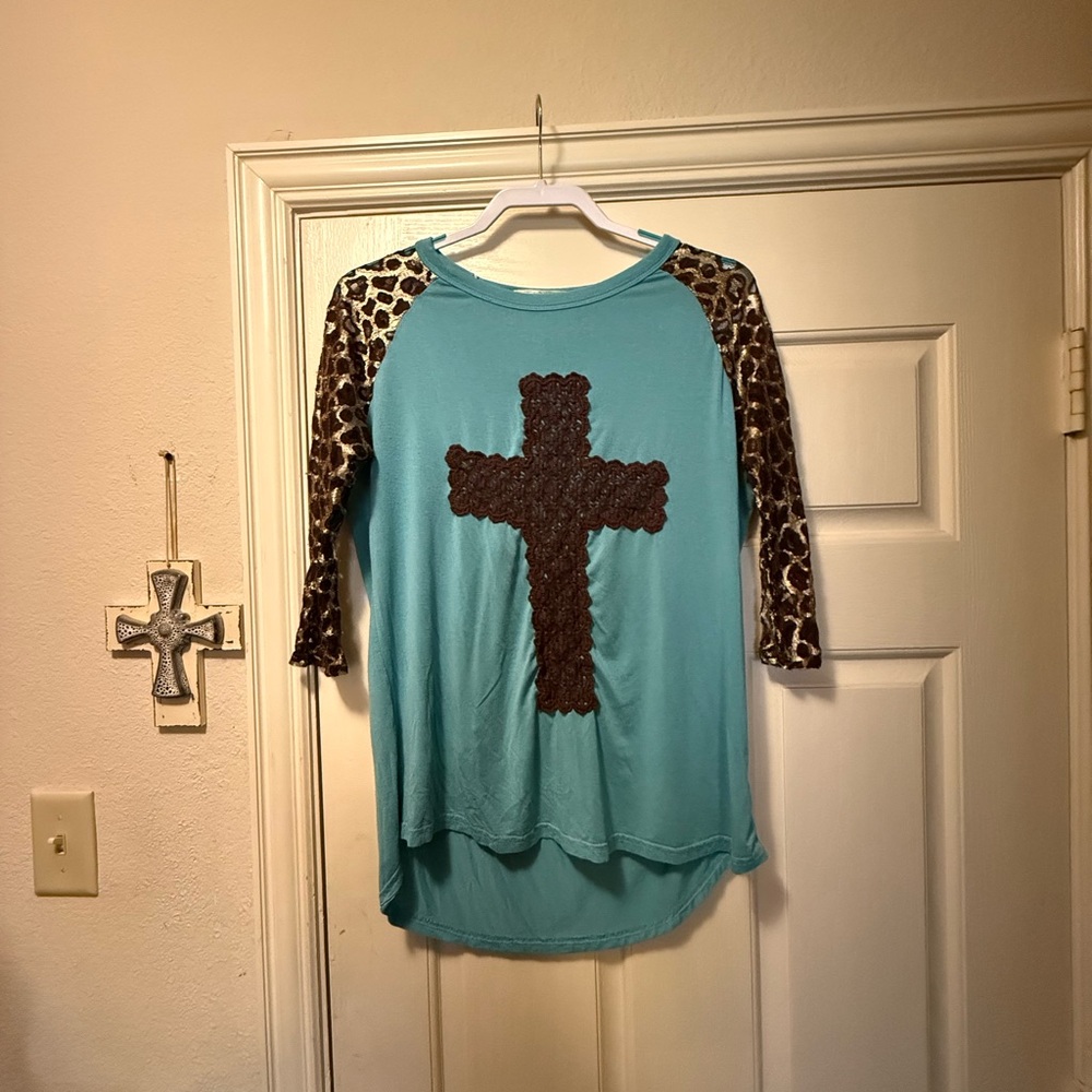 Southern Grace Teal Top with Leopard Print and Cross